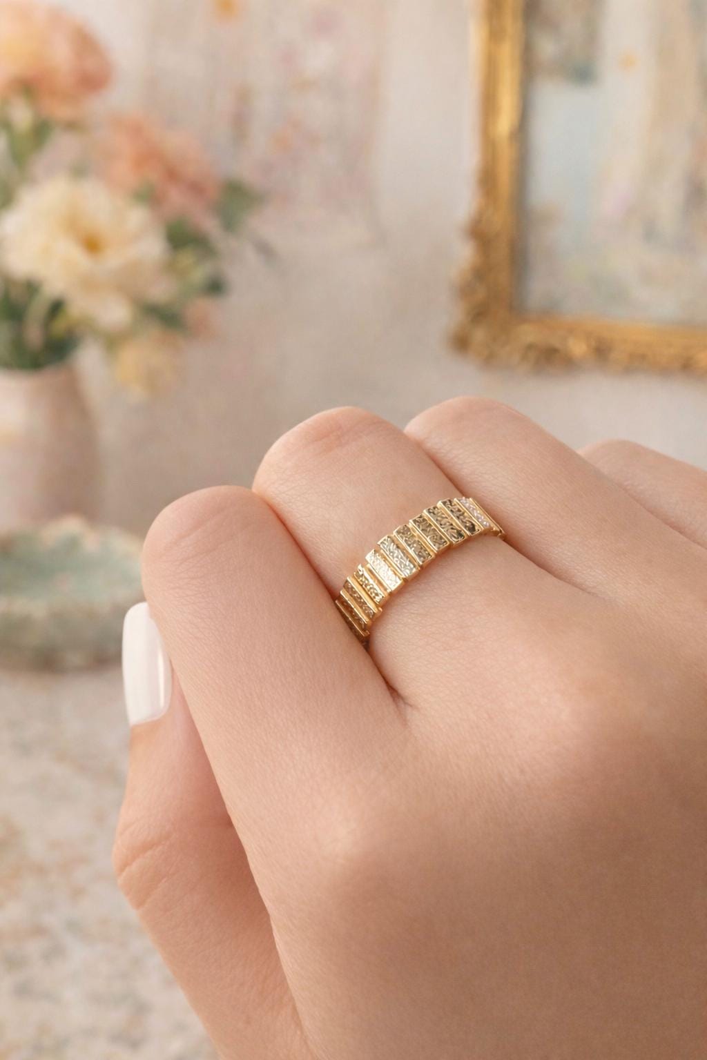 14k Solid Gold Statement Ring Anniversary Band Gift Wife Birthday Valentine Artisan Textured Chunky Yellow Gold Modern