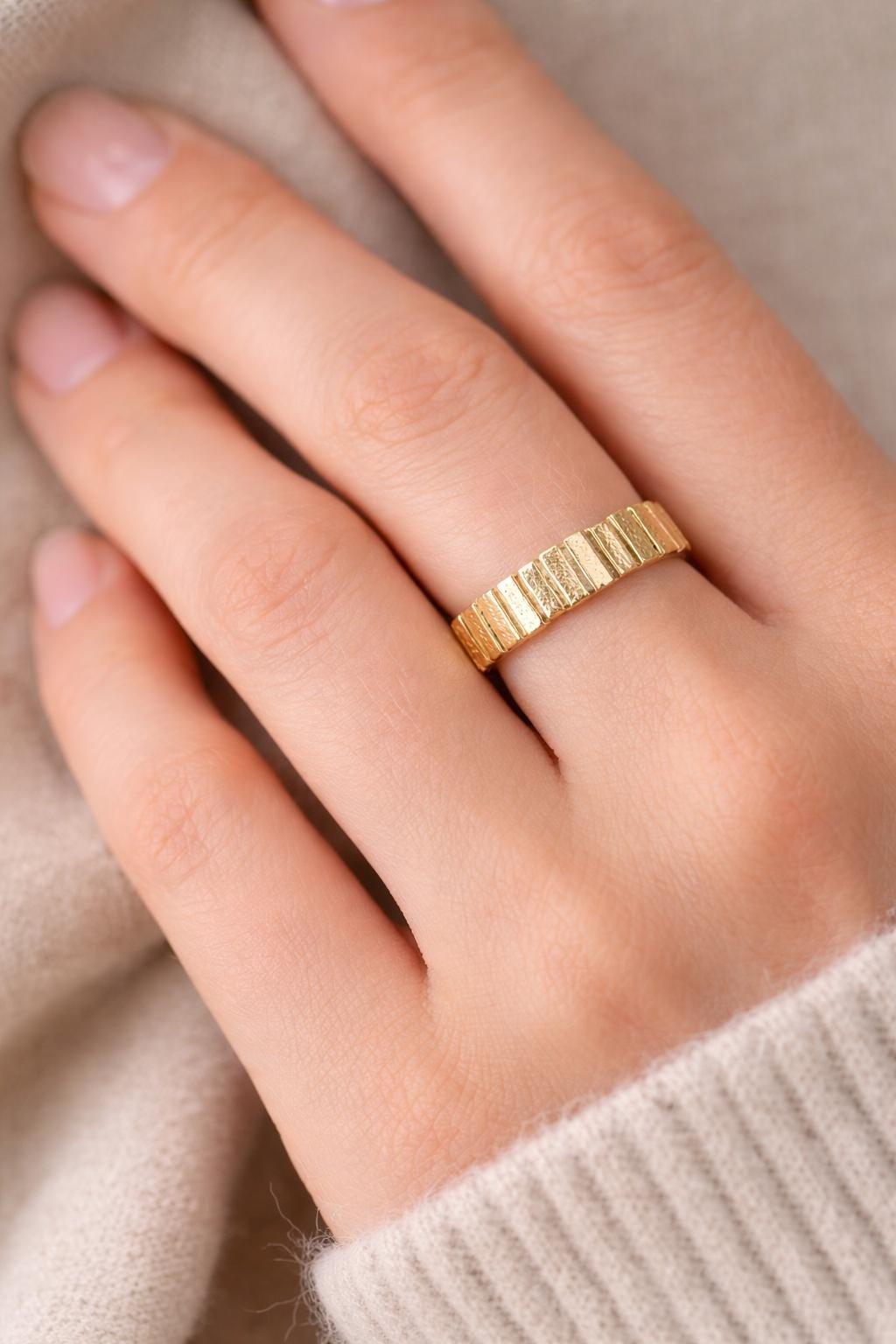 14k Solid Gold Statement Ring Anniversary Band Gift Wife Birthday Valentine Artisan Textured Chunky Yellow Gold Modern