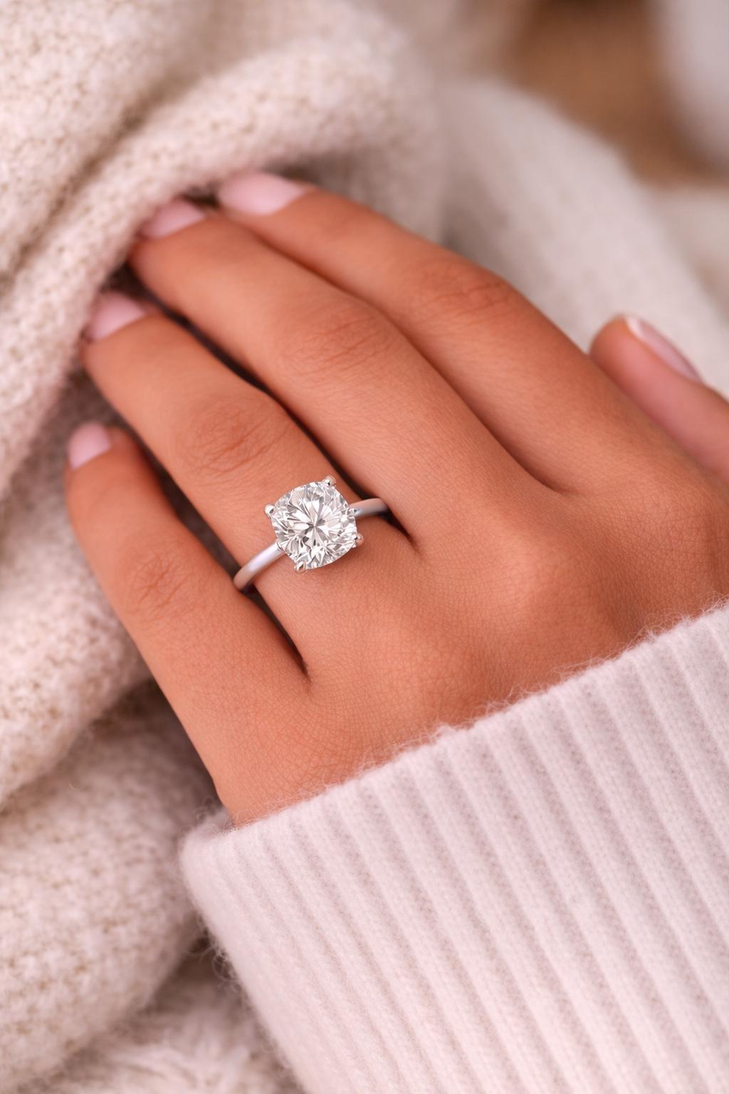 Classic Cushion Lab Grown Diamond Solitaire Engagement Ring 1ct to 2.5ct Bridal Wedding Minimal Modern