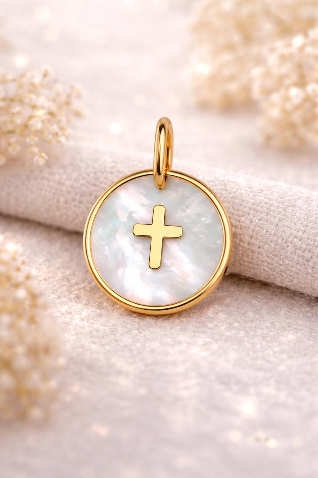Mother of Pearl Pendant Cross Star Moon Heart Charm 14K Solid Gold Meaningful Jewelry Gift for Her