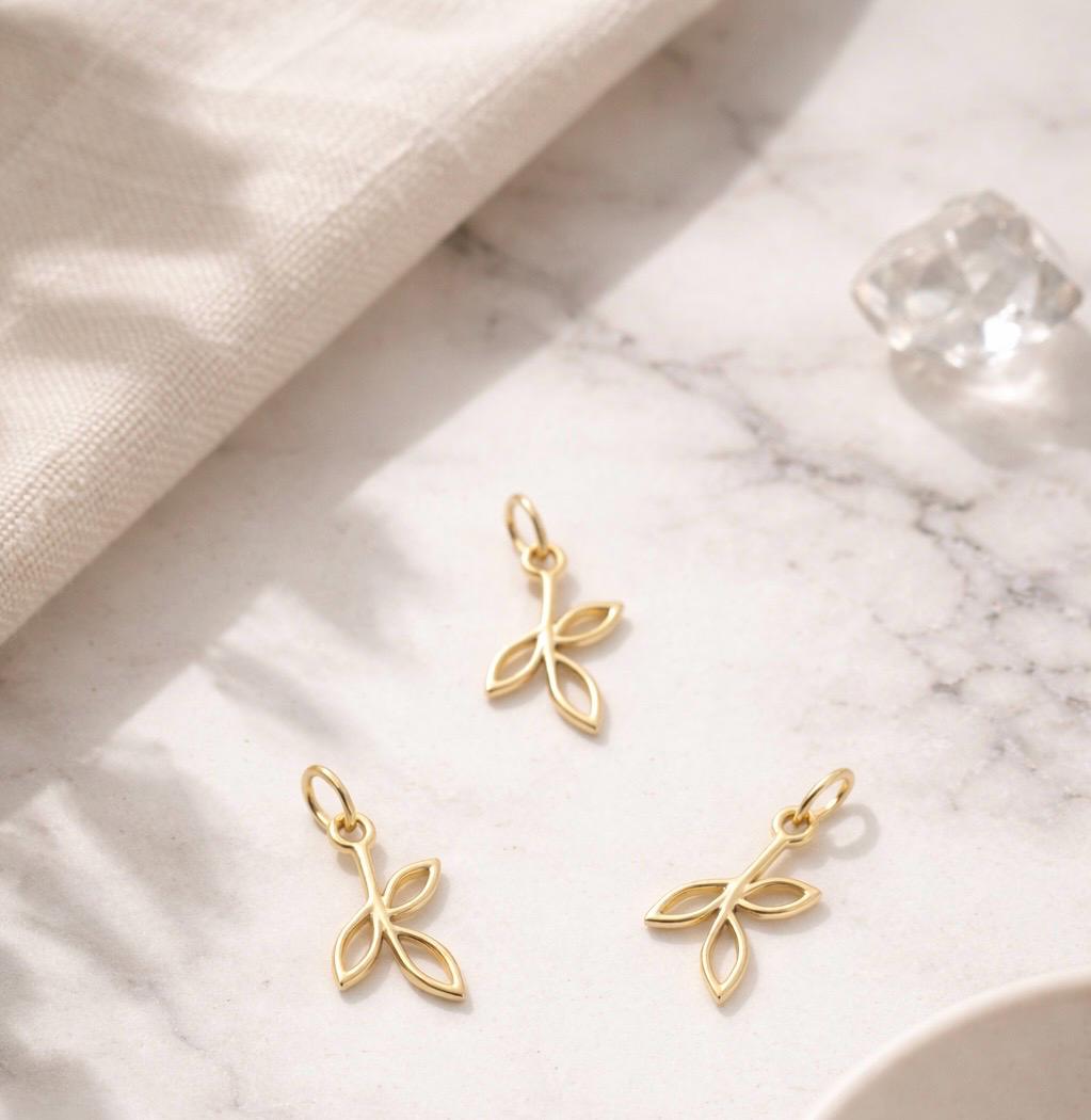 14k Gold Dainty Olive Branch Minimalist Add On Charm Tiny Solid Jewelry Build Your Own Pendant Gift Women