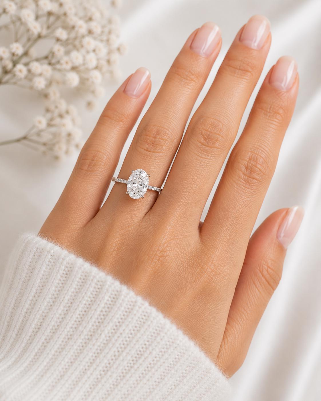 Oval Lab Grown Diamond 2CT Engagement Ring Solitaire Gold Band Bridal Wedding Jewelry