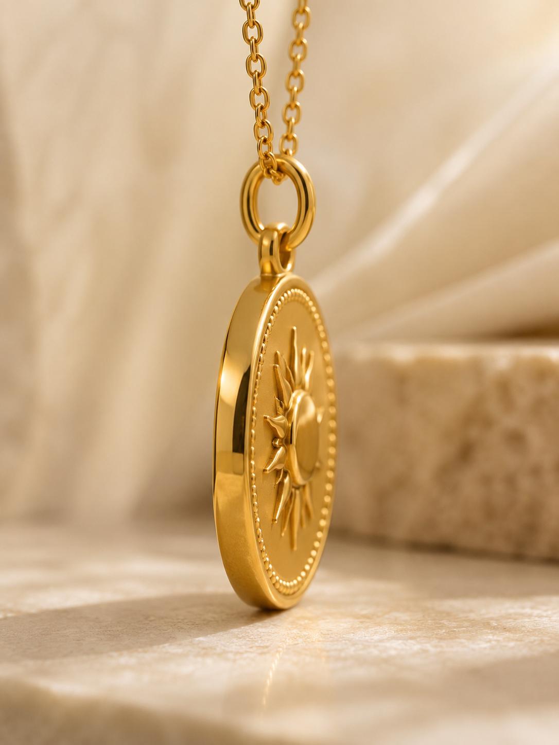 Sun coin Medallion Pendant 14K Solid Gold Sun Pendant Celestial Coin Necklace Minimalist Gold Medallion Handmade Fine Jewelry