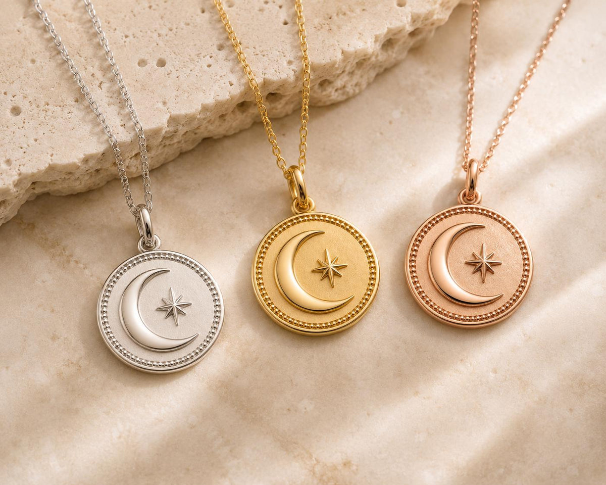 Moon & Star Coin Medallion Pendant 14k Solid Gold Celestial Medallion Necklace Minimalist Handmade Fine Jewelry