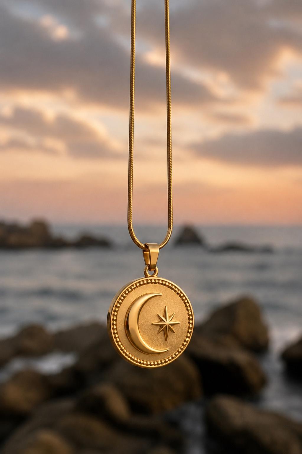 Moon & Star Coin Medallion Pendant 14k Solid Gold Celestial Medallion Necklace Minimalist Handmade Fine Jewelry