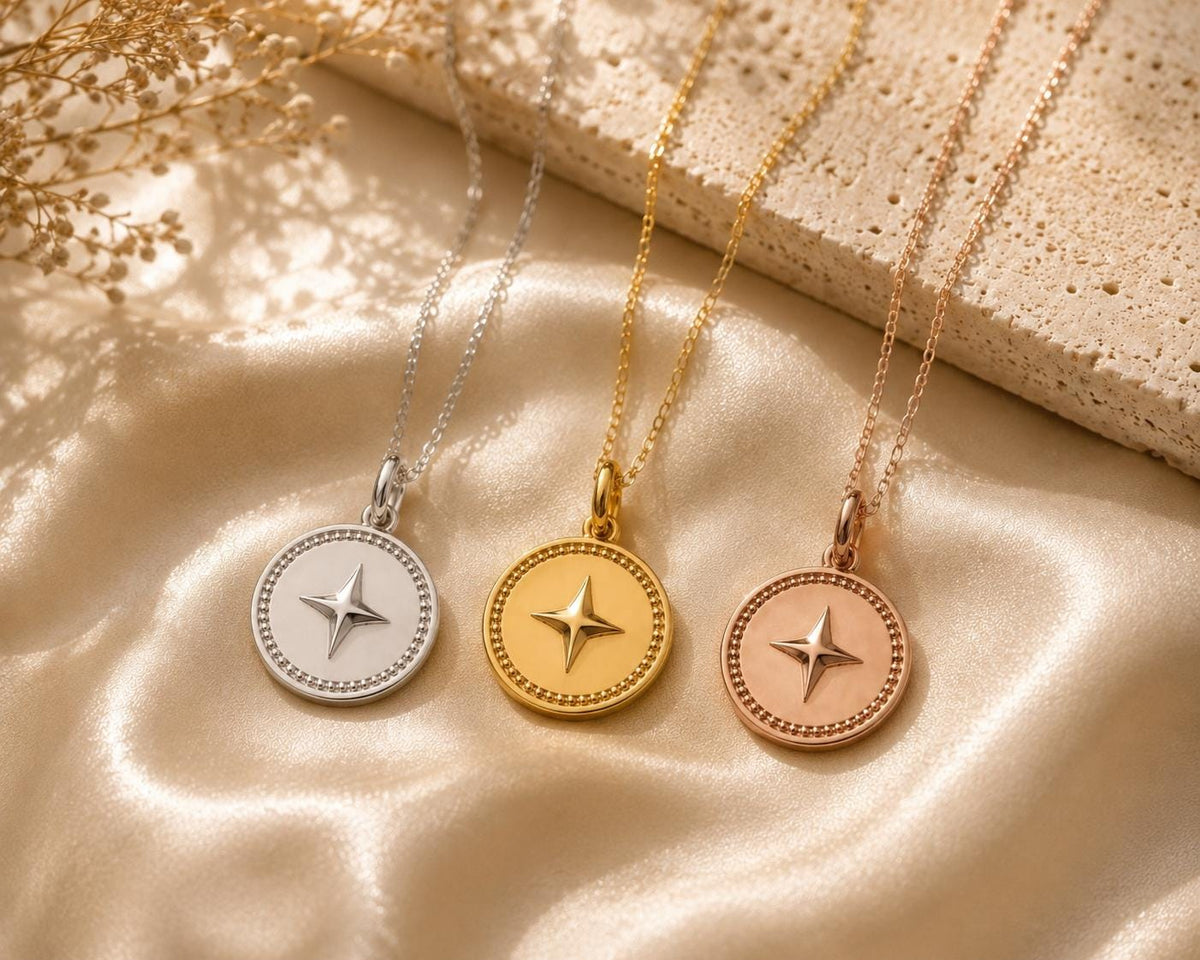 North Star Celestial Coin Medallion Pendant 14K Solid Gold Moon Necklace Minimalist Handmade Fine Jewelry