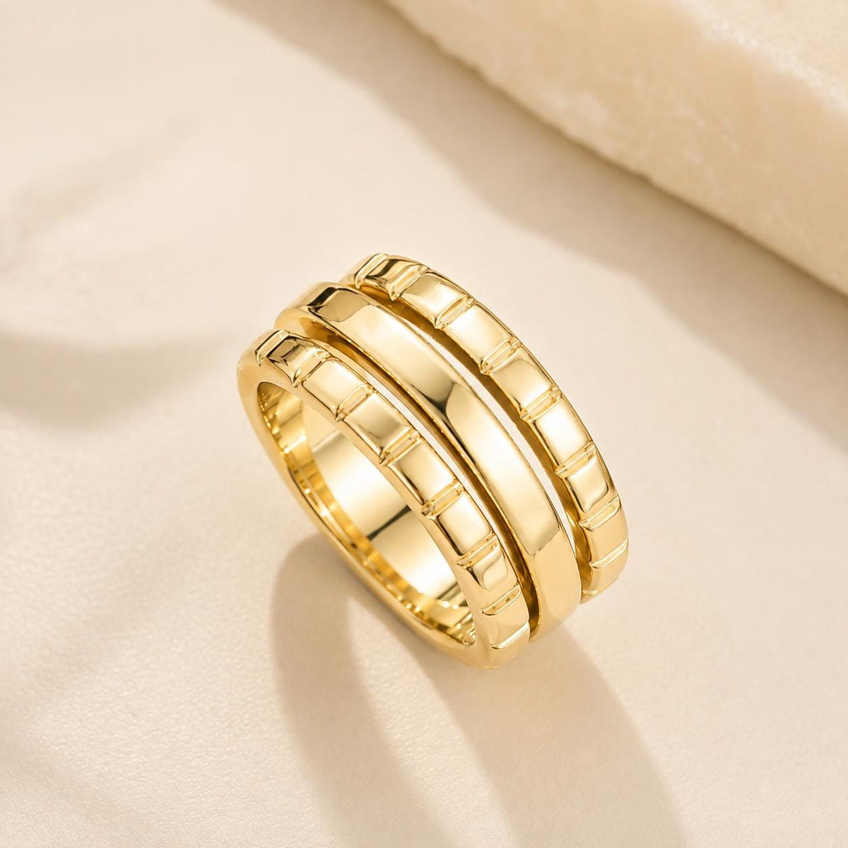 14K Gold Triple Band Ring Stacked Ring Wide Gold Statement Ring Chunky Minimalist Ring Modern