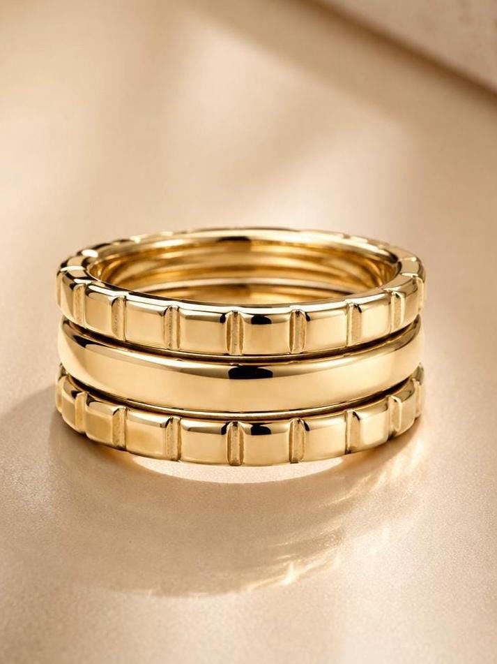 14K Gold Triple Band Ring Stacked Ring Wide Gold Statement Ring Chunky Minimalist Ring Modern