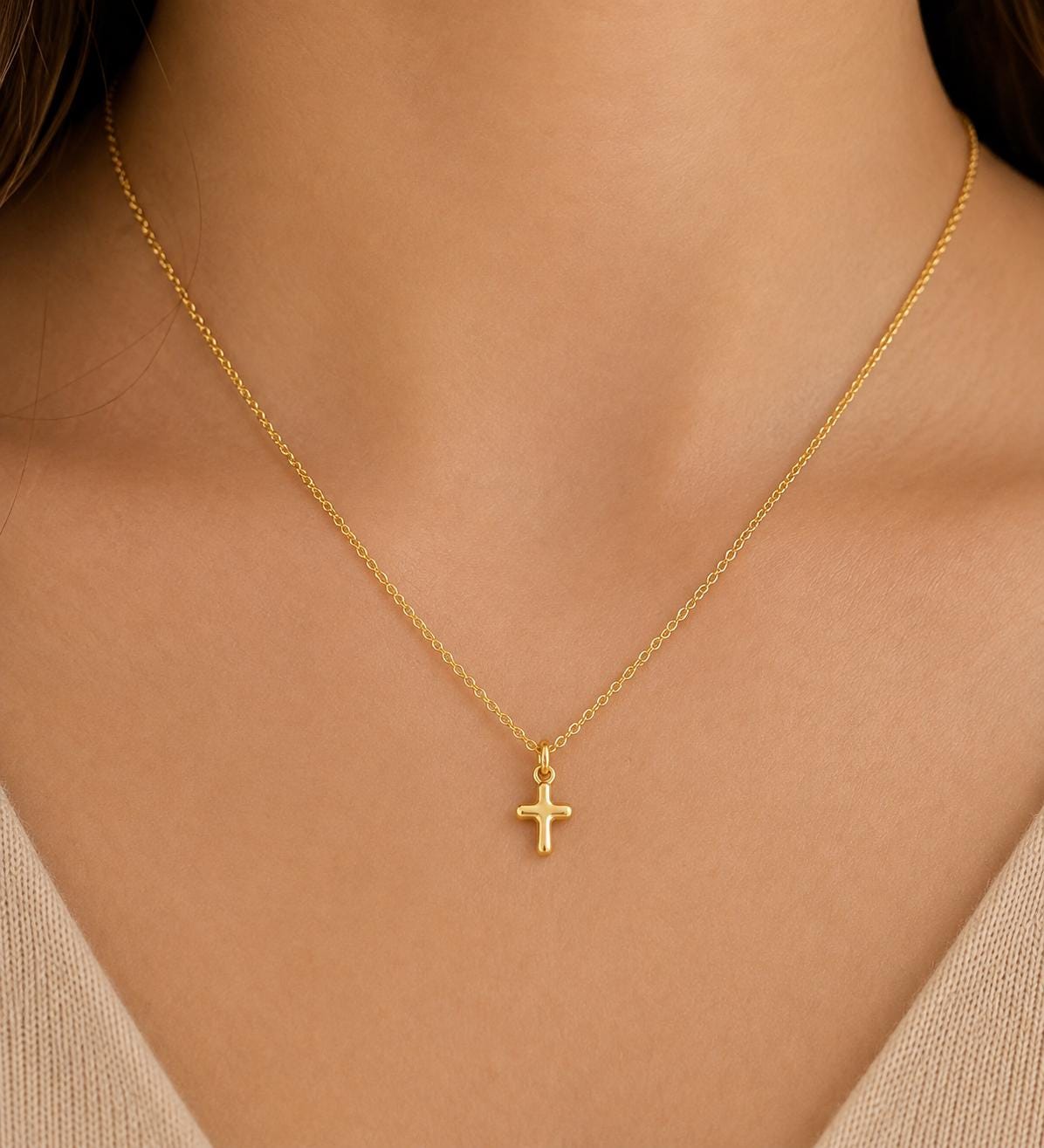 Dainty Cross Pendant Necklace Solid 14K Gold & 925 Sterling Silver Minimalist Handmade Jewelry Gift