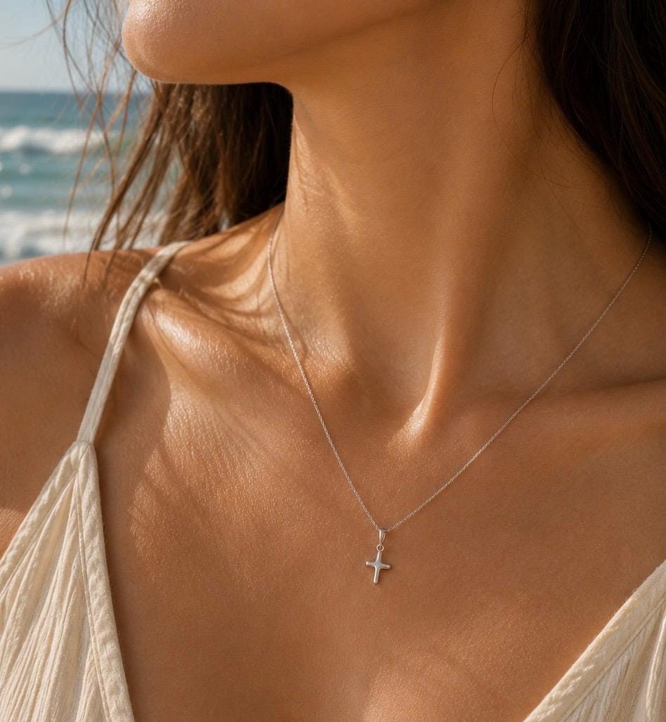Dainty Cross Pendant Necklace Solid 14K Gold & 925 Sterling Silver Minimalist Handmade Jewelry Gift