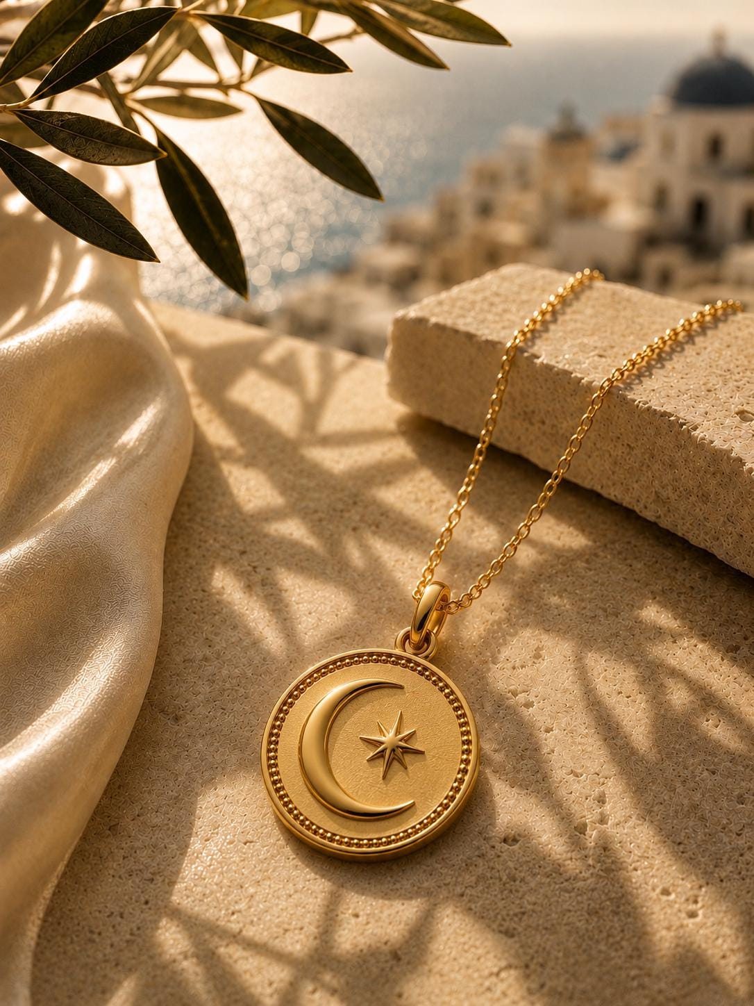 Moon & Star Coin Medallion Pendant 14k Solid Gold Celestial Medallion Necklace Minimalist Handmade Fine Jewelry