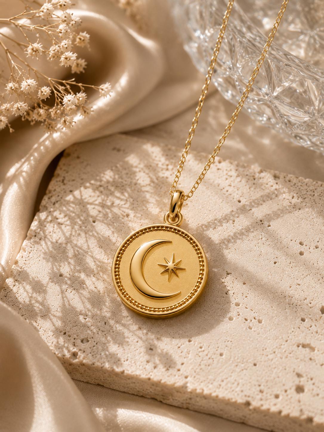 Moon & Star Coin Medallion Pendant 14k Solid Gold Celestial Medallion Necklace Minimalist Handmade Fine Jewelry