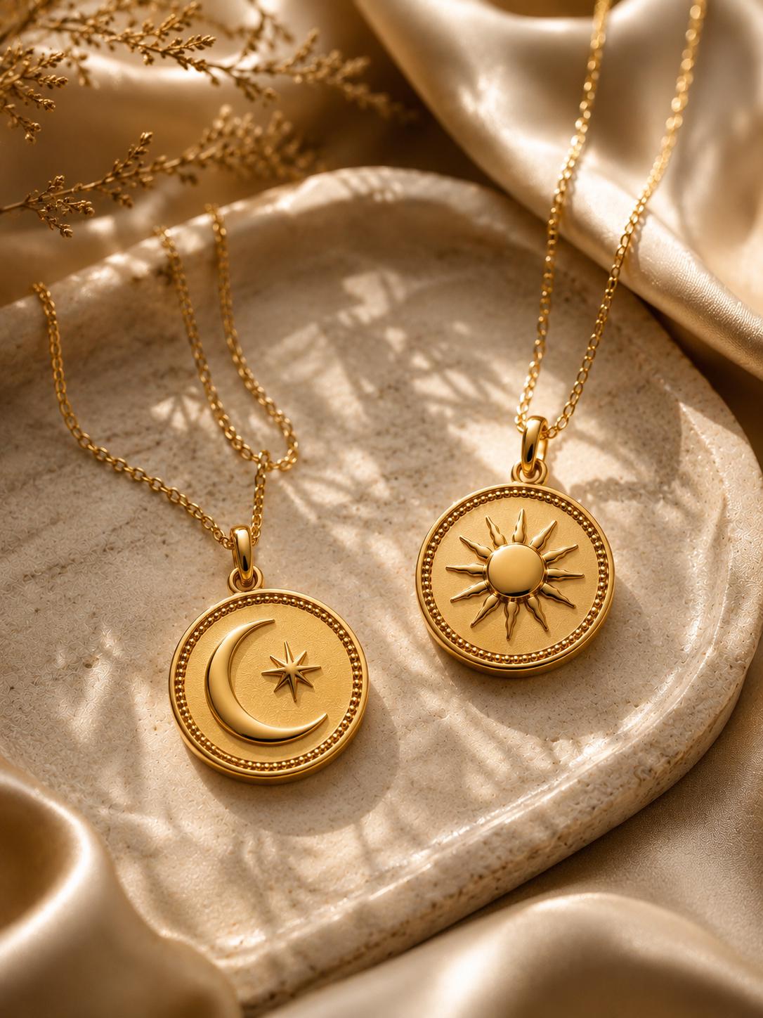 Moon & Star Coin Medallion Pendant 14k Solid Gold Celestial Medallion Necklace Minimalist Handmade Fine Jewelry