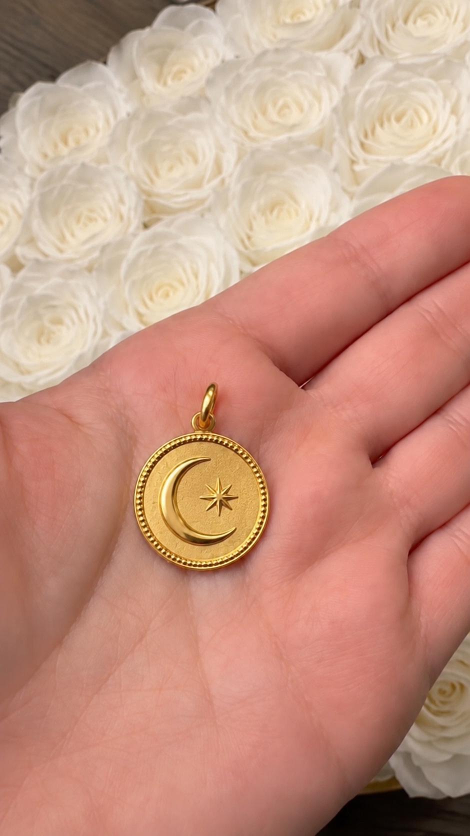 Moon & Star Coin Medallion Pendant 14k Solid Gold Celestial Medallion Necklace Minimalist Handmade Fine Jewelry
