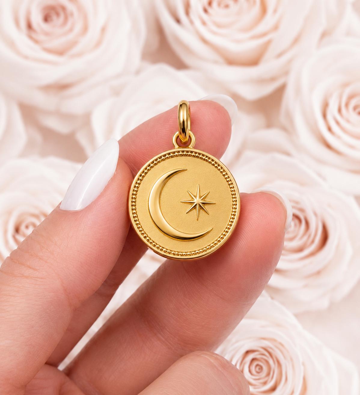 Moon & Star Coin Medallion Pendant 14k Solid Gold Celestial Medallion Necklace Minimalist Handmade Fine Jewelry