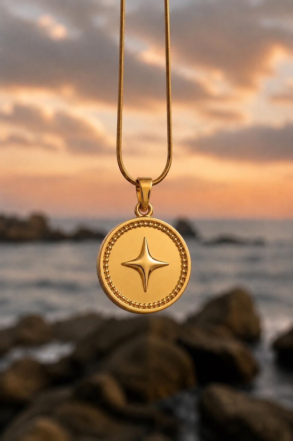North Star Celestial Coin Medallion Pendant 14K Solid Gold Moon Necklace Minimalist Handmade Fine Jewelry