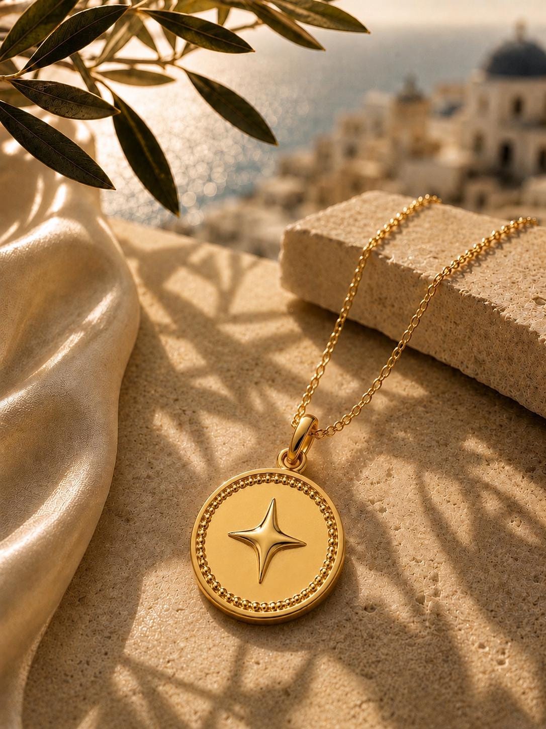 North Star Celestial Coin Medallion Pendant 14K Solid Gold Moon Necklace Minimalist Handmade Fine Jewelry