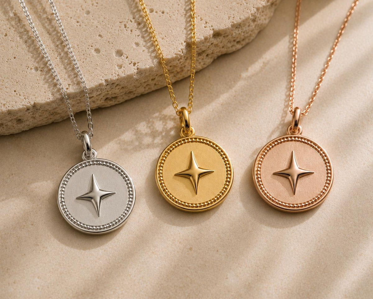North Star Celestial Coin Medallion Pendant 14K Solid Gold Moon Necklace Minimalist Handmade Fine Jewelry
