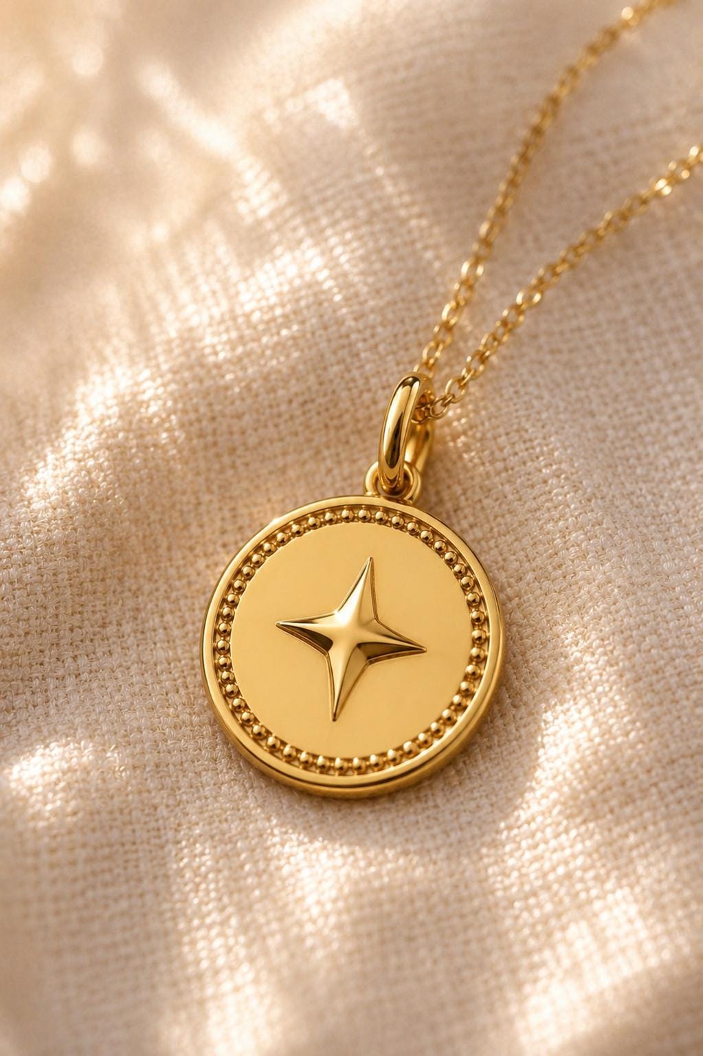 North Star Celestial Coin Medallion Pendant 14K Solid Gold Moon Necklace Minimalist Handmade Fine Jewelry