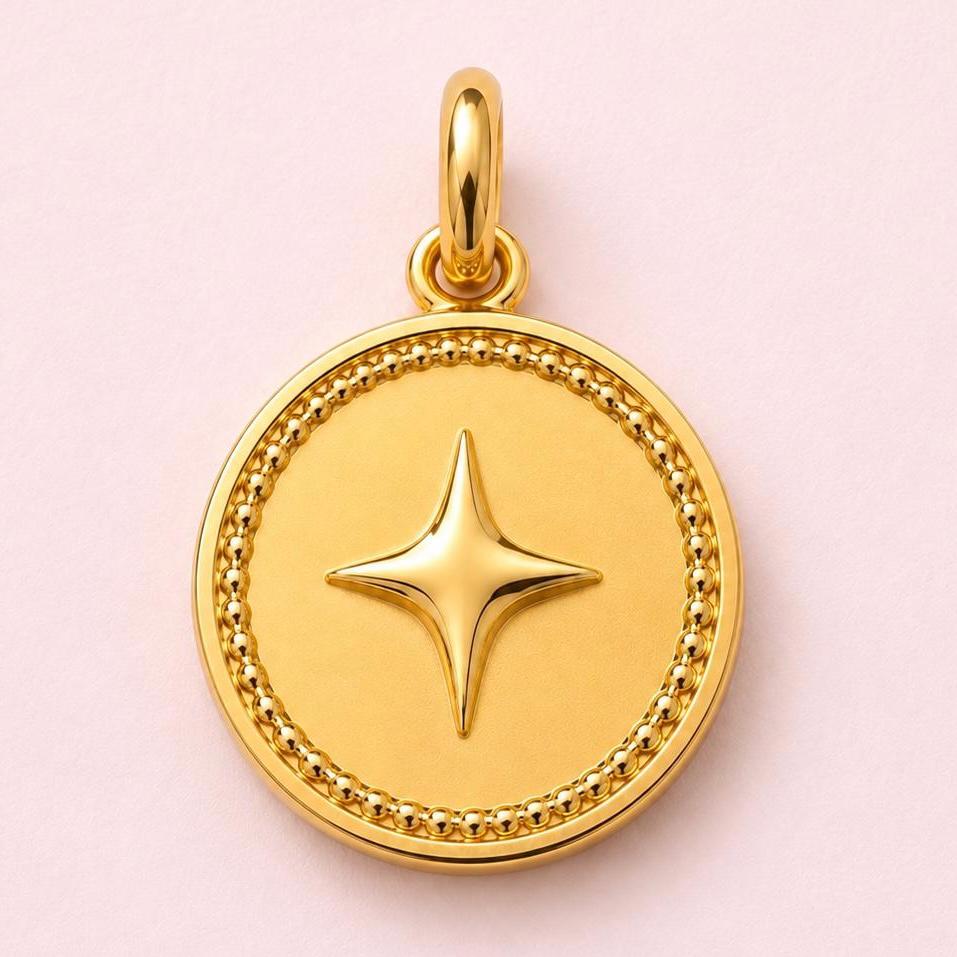 North Star Celestial Coin Medallion Pendant 14K Solid Gold Moon Necklace Minimalist Handmade Fine Jewelry