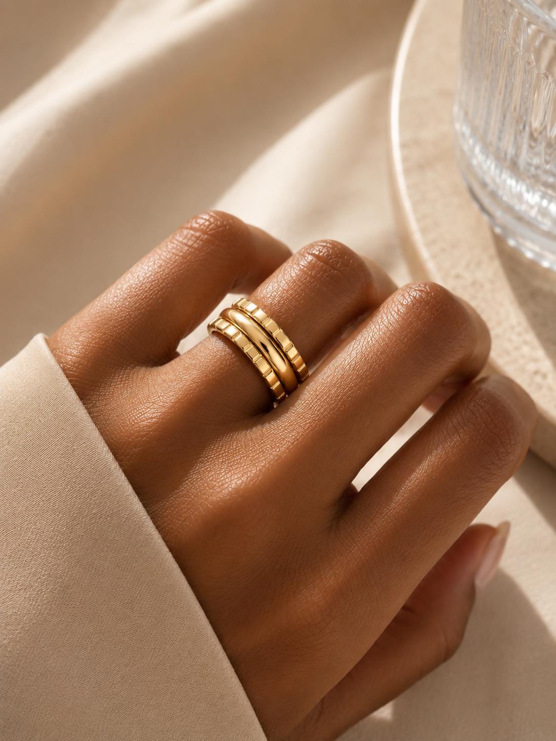 14K Gold Triple Band Ring Stacked Ring Wide Gold Statement Ring Chunky Minimalist Ring Modern
