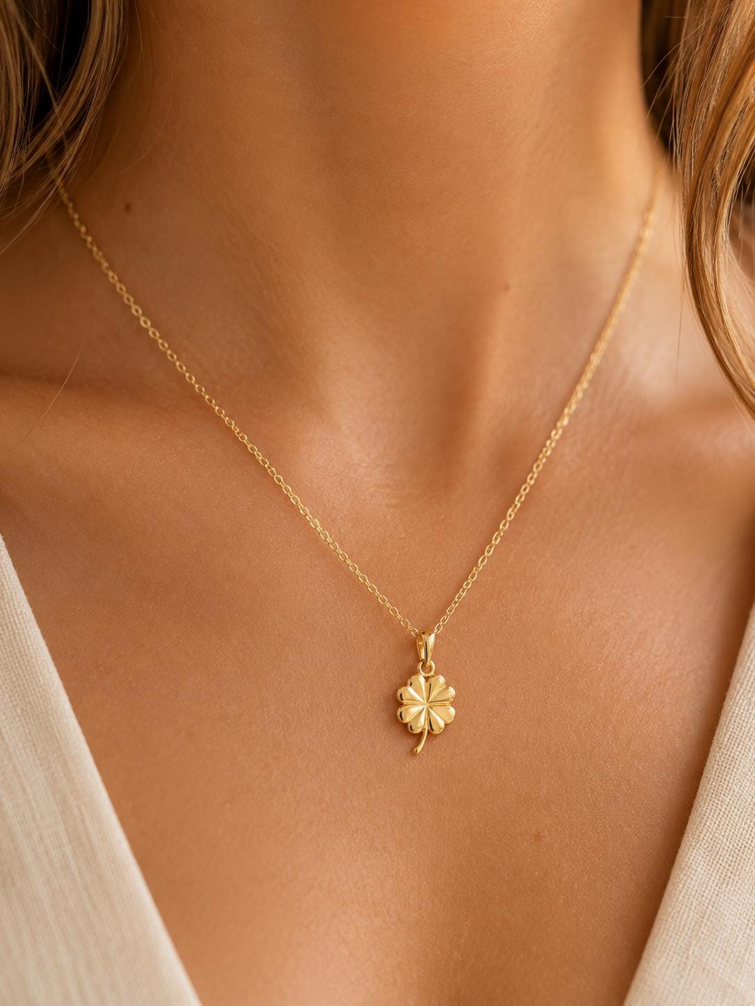 14K Solid Gold Four Leaf Clover Charm Pendant Necklace Lucky Irish Jewelry Gift