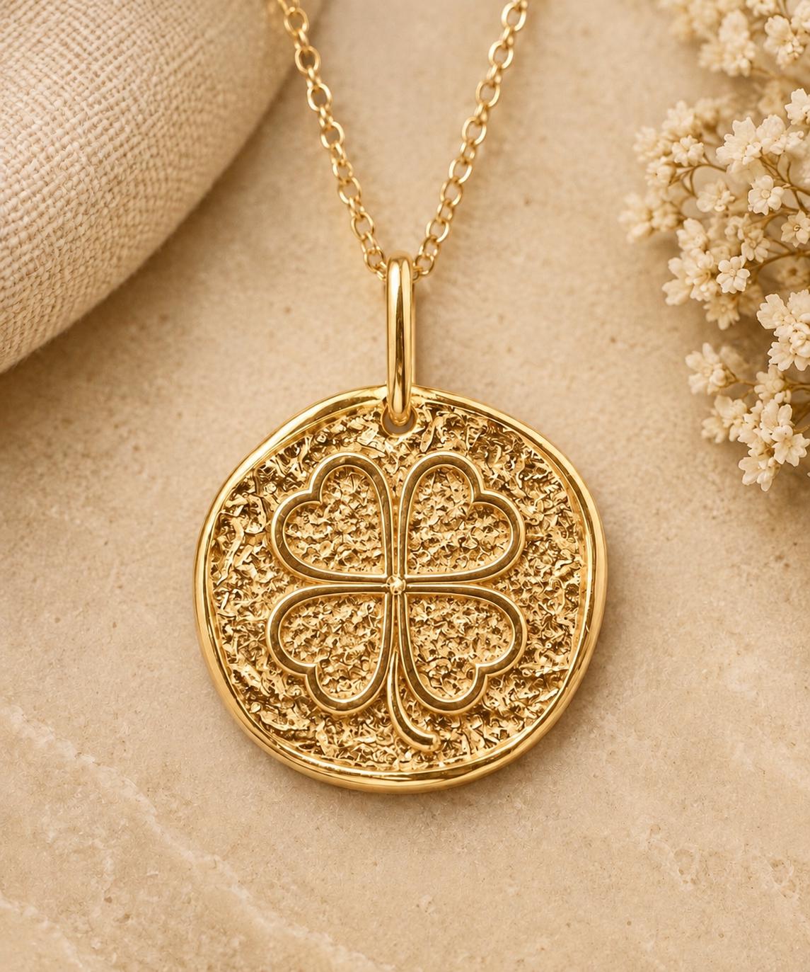 Four Leaf Clover Pendant Lucky Clover Necklace Charm Solid Gold Good Luck Jewelry Textured Coin Pendant Meaningful Gift for Her