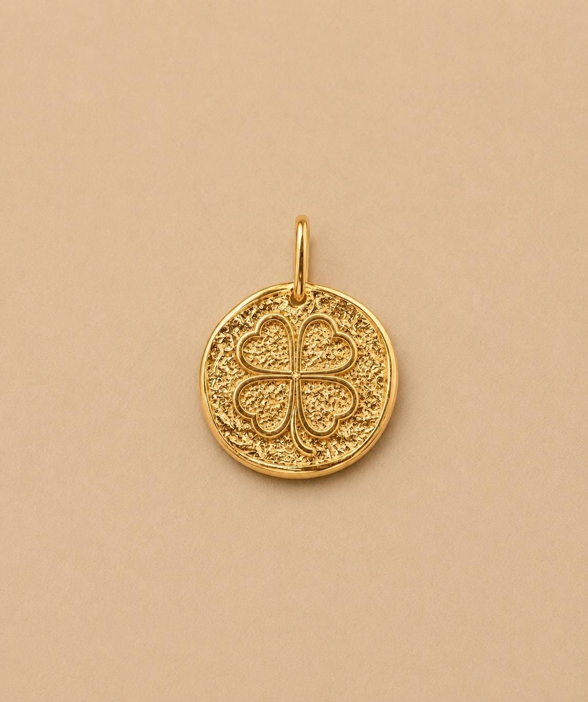 Four Leaf Clover Pendant Lucky Clover Necklace Charm Solid Gold Good Luck Jewelry Textured Coin Pendant Meaningful Gift for Her