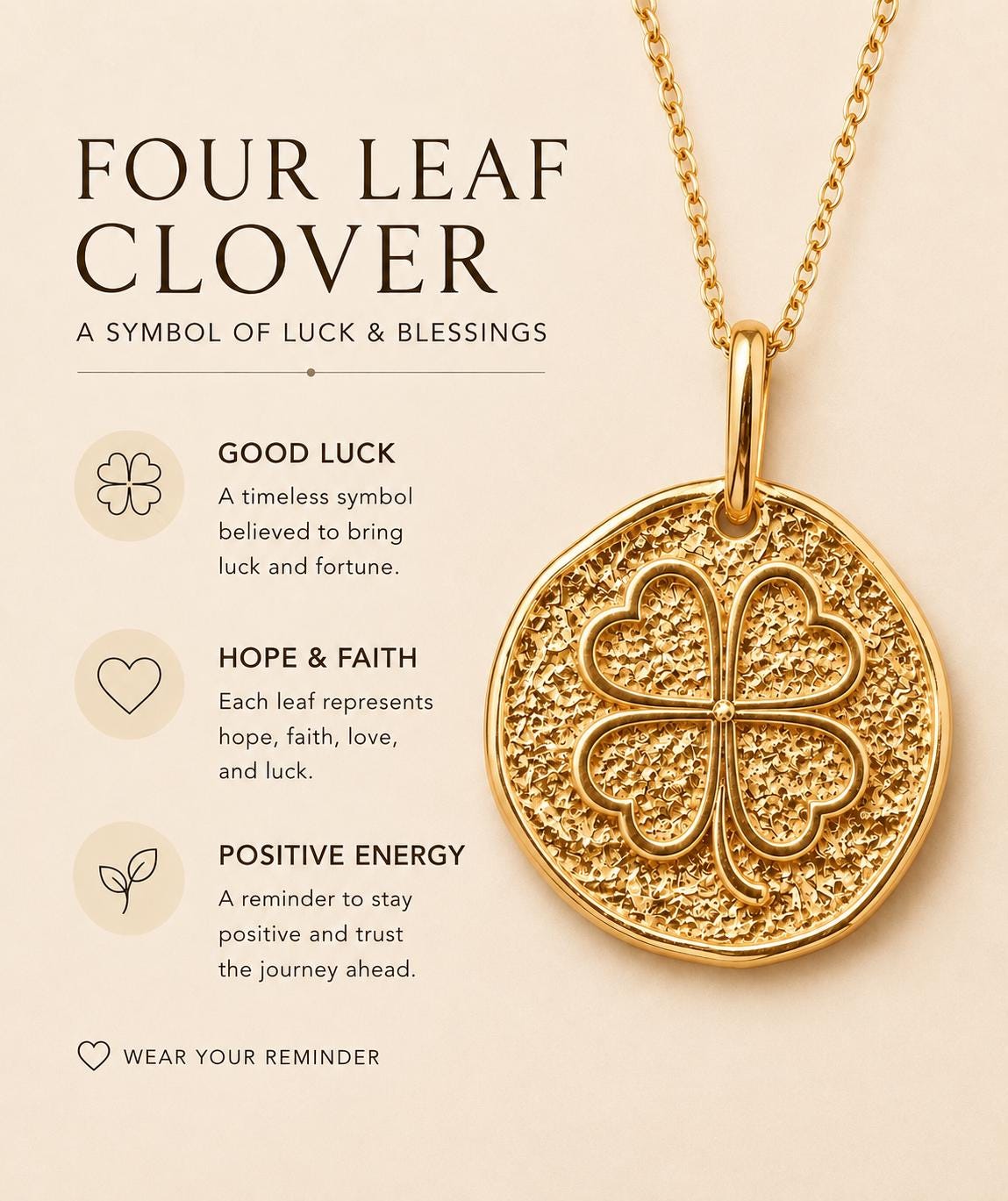 Four Leaf Clover Pendant Lucky Clover Necklace Charm Solid Gold Good Luck Jewelry Textured Coin Pendant Meaningful Gift for Her