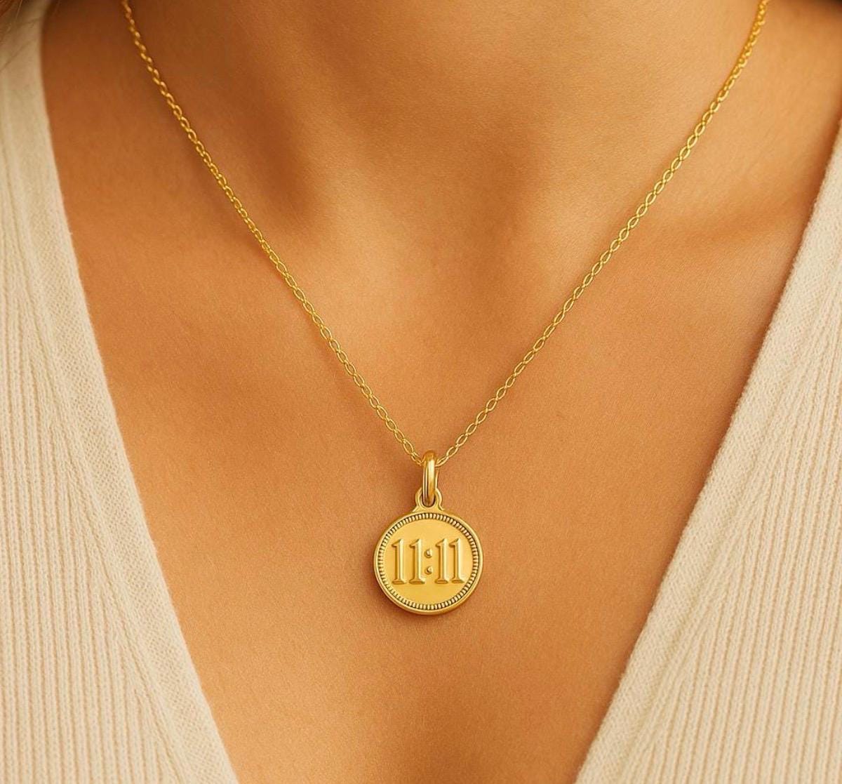 Choose Your Angel Number Pendant 11:11 111 222 333 444 555 666 777 888 999 Solid Gold Spiritual Coin Pendant Personalized Jewelry Gift