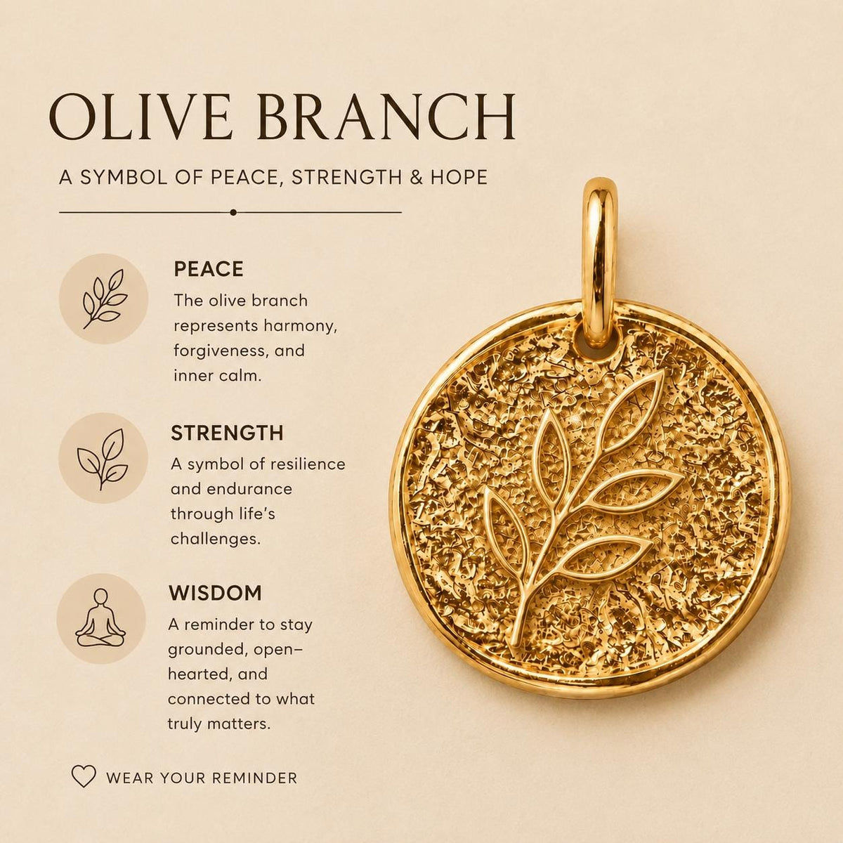 Olive Branch Coin Pendant Charm Necklace Peace Symbol Jewelry Meaningful Gift for Her Gold Pendant