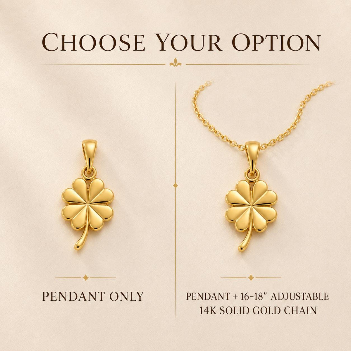 14K Solid Gold Four Leaf Clover Charm Pendant Necklace Lucky Irish Jewelry Gift
