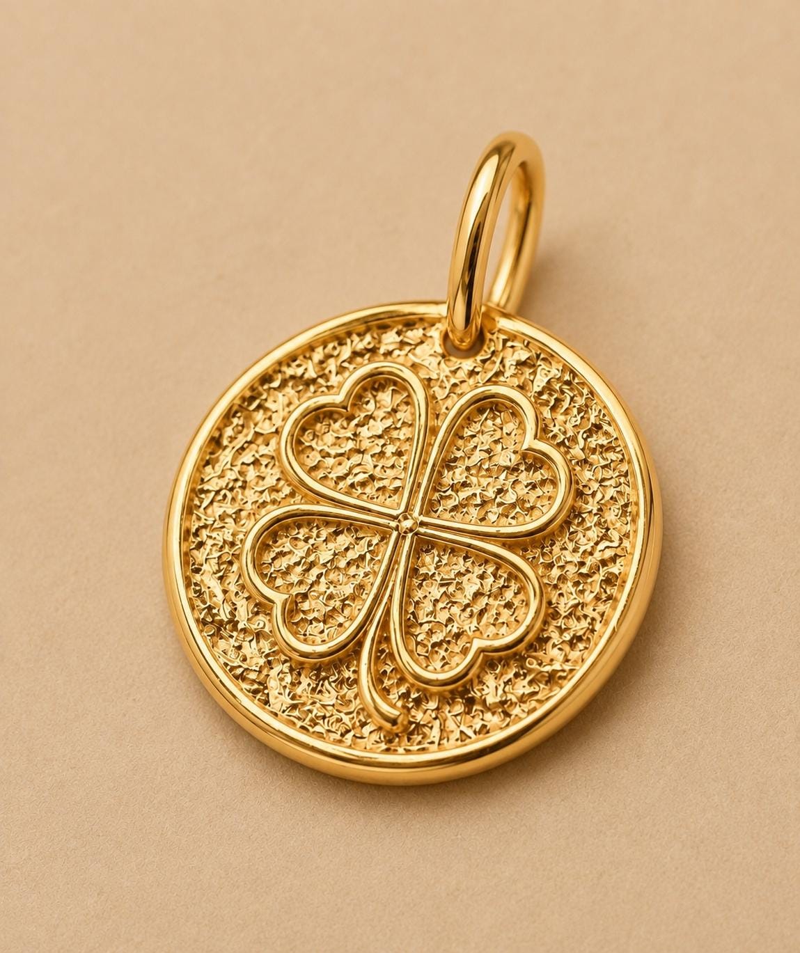 Four Leaf Clover Pendant Lucky Clover Necklace Charm Solid Gold Good Luck Jewelry Textured Coin Pendant Meaningful Gift for Her