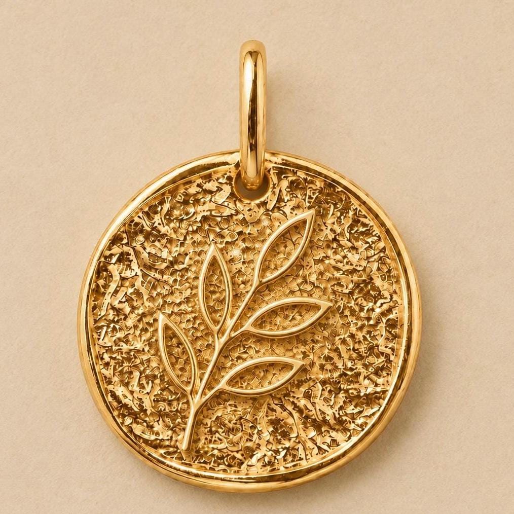Olive Branch Coin Pendant Charm Necklace Peace Symbol Jewelry Meaningful Gift for Her Gold Pendant