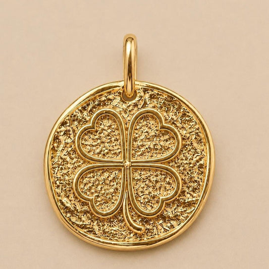 Four Leaf Clover Pendant Lucky Clover Necklace Charm Solid Gold Good Luck Jewelry Textured Coin Pendant Meaningful Gift for Her
