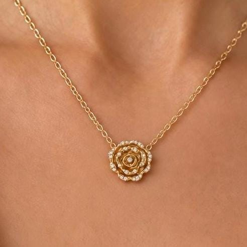 Birth Flower Necklace 14k Rose Gold Luxe Floral Jewelry Anniversary Gift for Wife Girlfriend Valentine Elegant Delicate