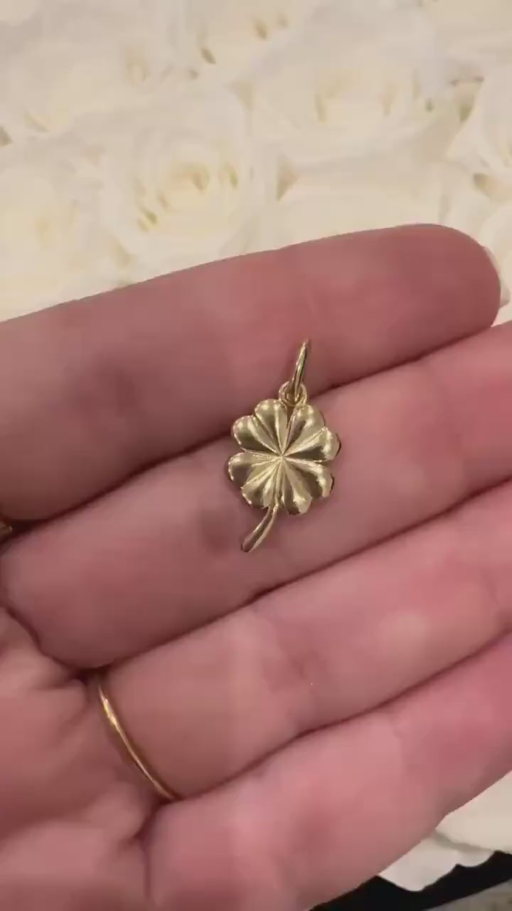 14K Solid Gold Four Leaf Clover Charm Pendant Necklace Lucky Irish Jewelry Gift